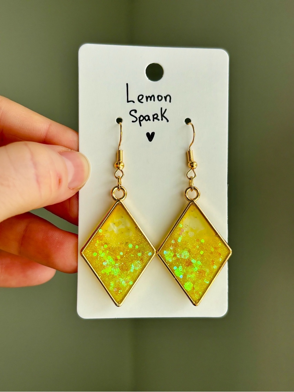 Lemon Spark Resin Diamond Earrings Handmade Yellow Glitter Geometric Drops